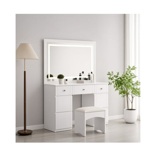 Paris 7 Drawer Dresser/Mirror (LED Light) with Stool High Gloss