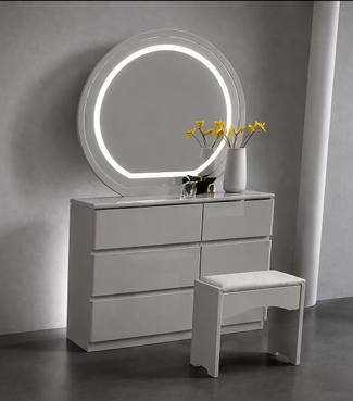Madrid 6 Drawer Dresser &amp; Mirror with Stool High Gloss